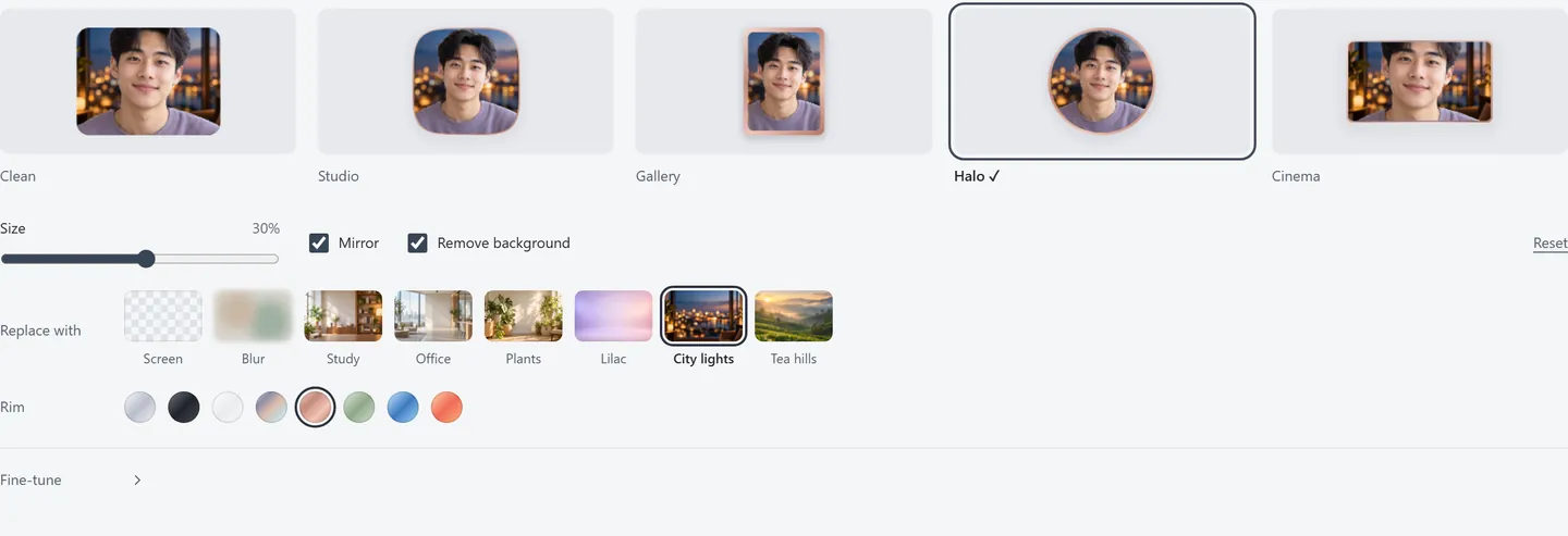 Recvela camera style panel with five camera looks, a Replace with row of background choices including City lights, and eight rim colours