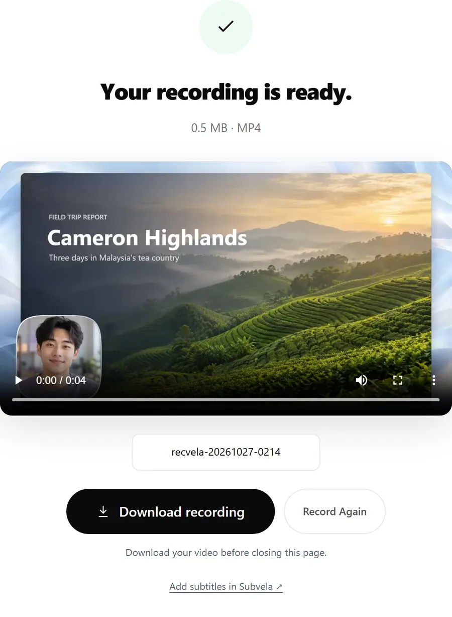 Recvela finished screen saying Your recording is ready, with a video preview and a Download recording button